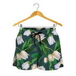 White Tulip Pattern Print Women's Shorts