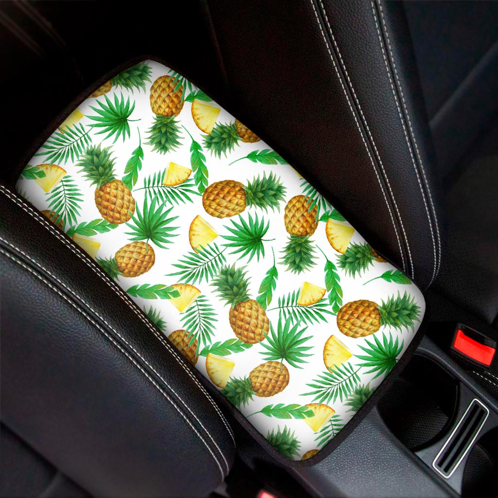 White Watercolor Pineapple Pattern Print Car Center Console Cover