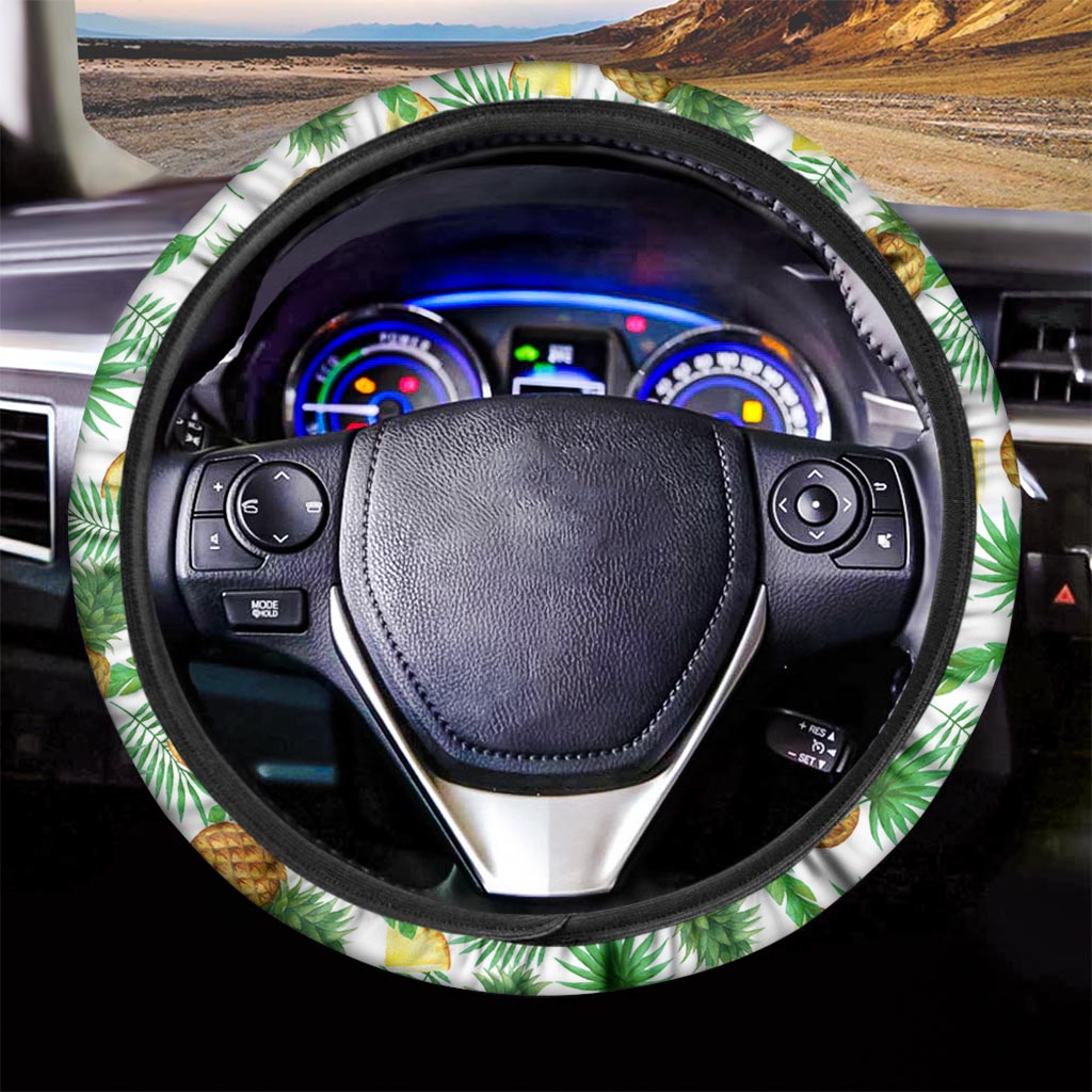 White Watercolor Pineapple Pattern Print Car Steering Wheel Cover