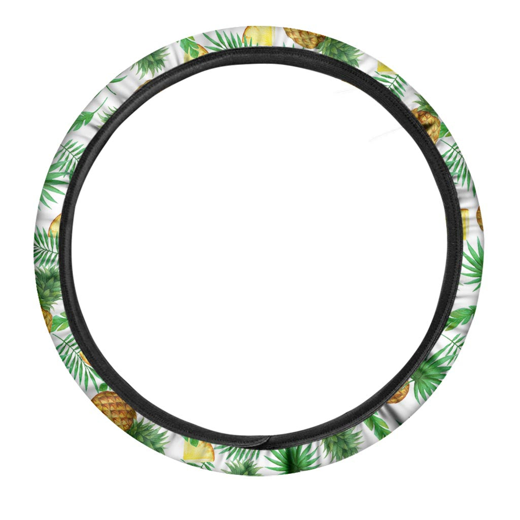White Watercolor Pineapple Pattern Print Car Steering Wheel Cover