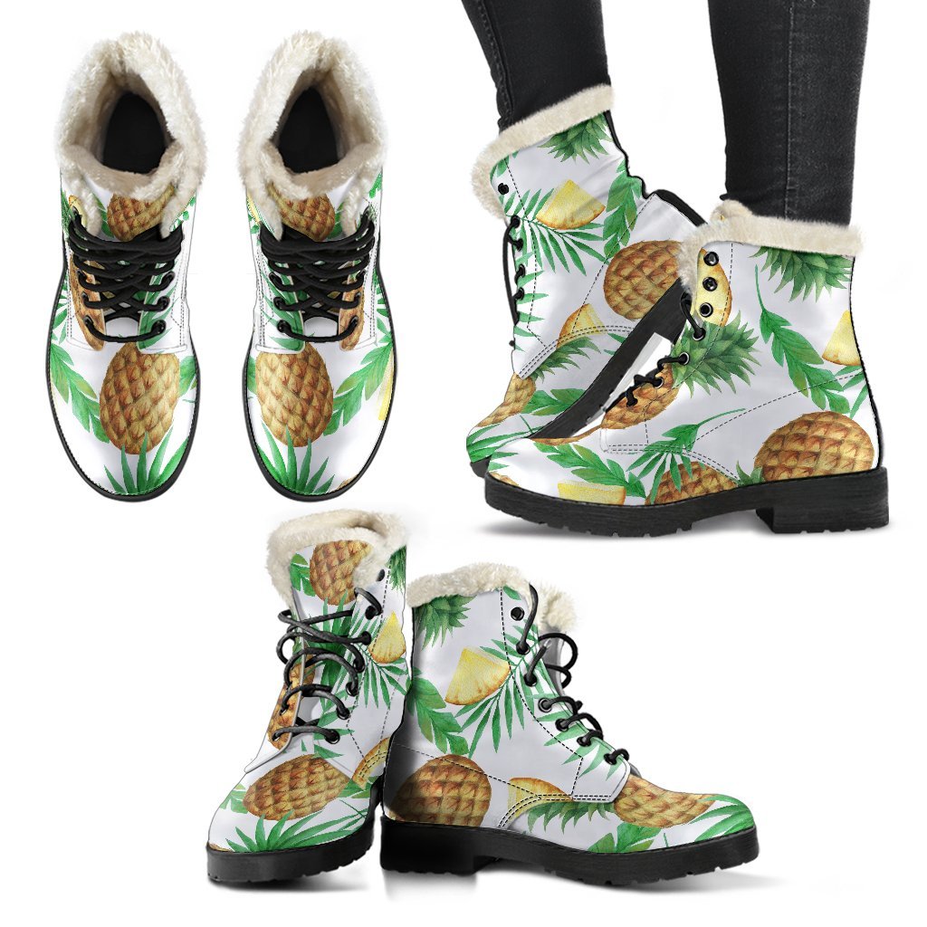 White Watercolor Pineapple Pattern Print Comfy Boots GearFrost