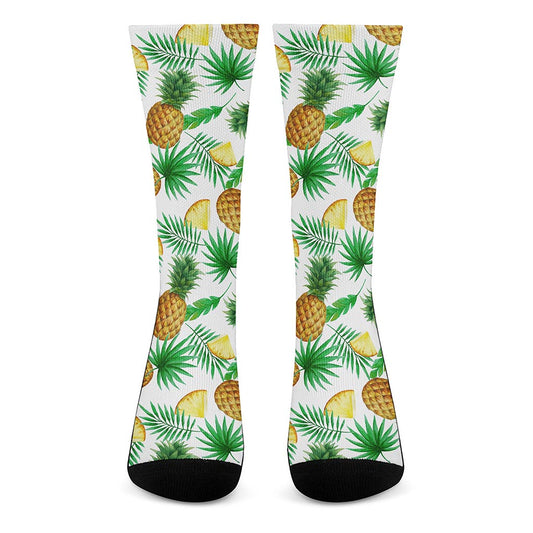 White Watercolor Pineapple Pattern Print Crew Socks
