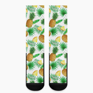 White Watercolor Pineapple Pattern Print Crew Socks