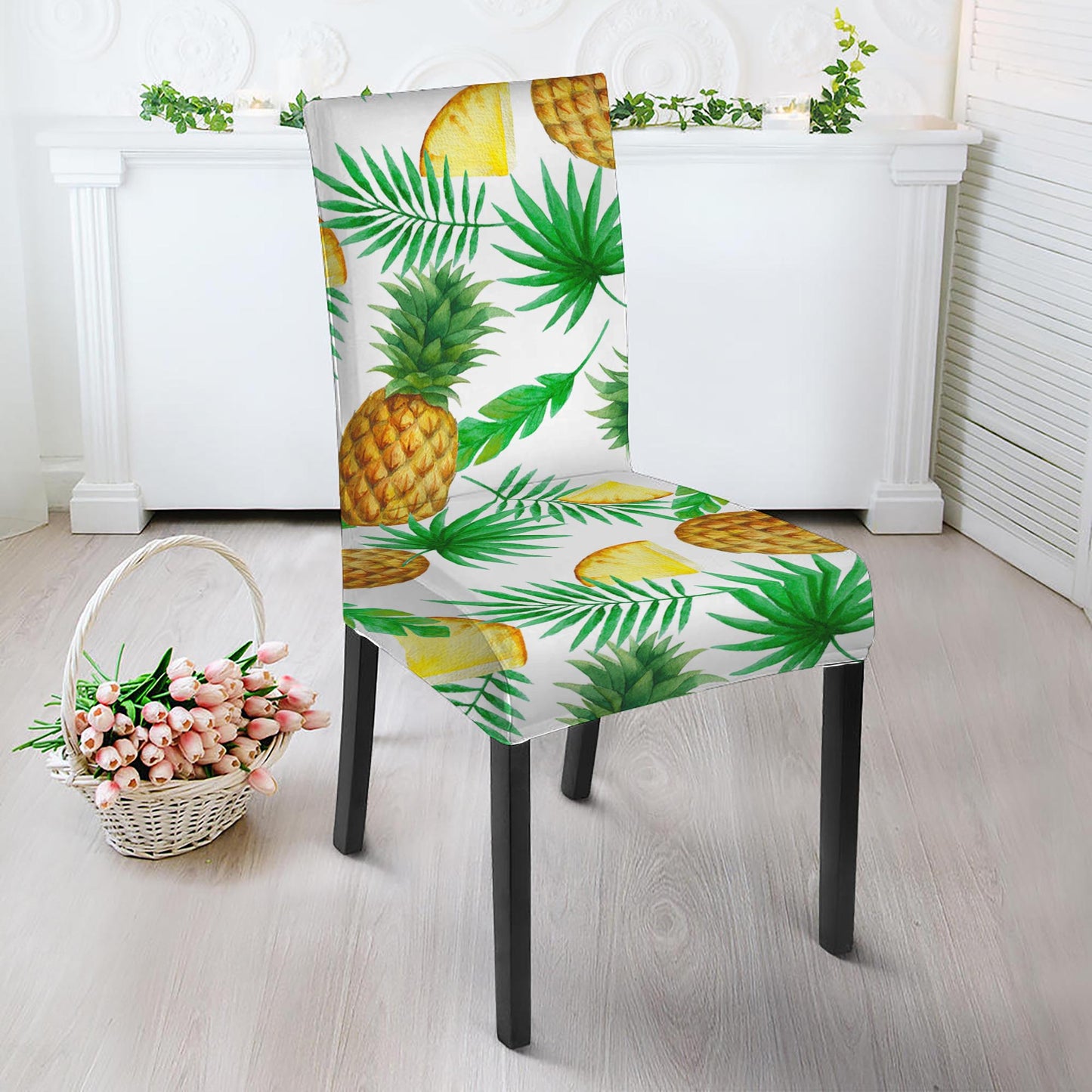 White Watercolor Pineapple Pattern Print Dining Chair Slipcover