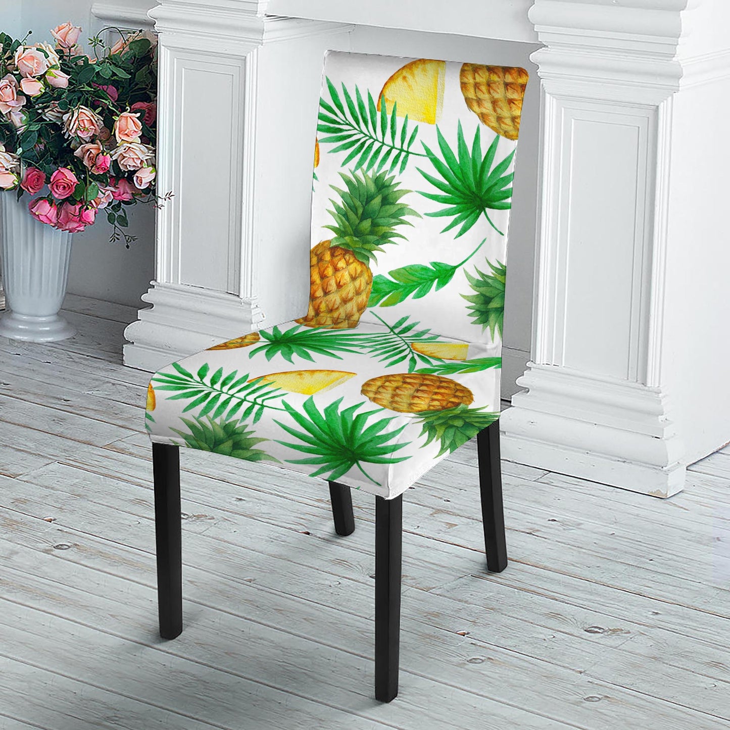 White Watercolor Pineapple Pattern Print Dining Chair Slipcover