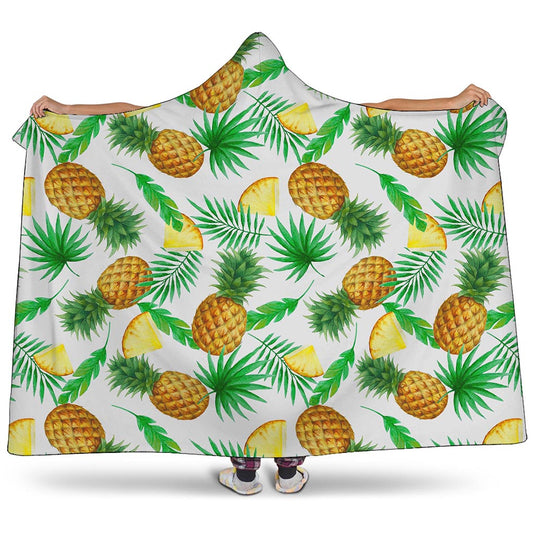 White Watercolor Pineapple Pattern Print Hooded Blanket
