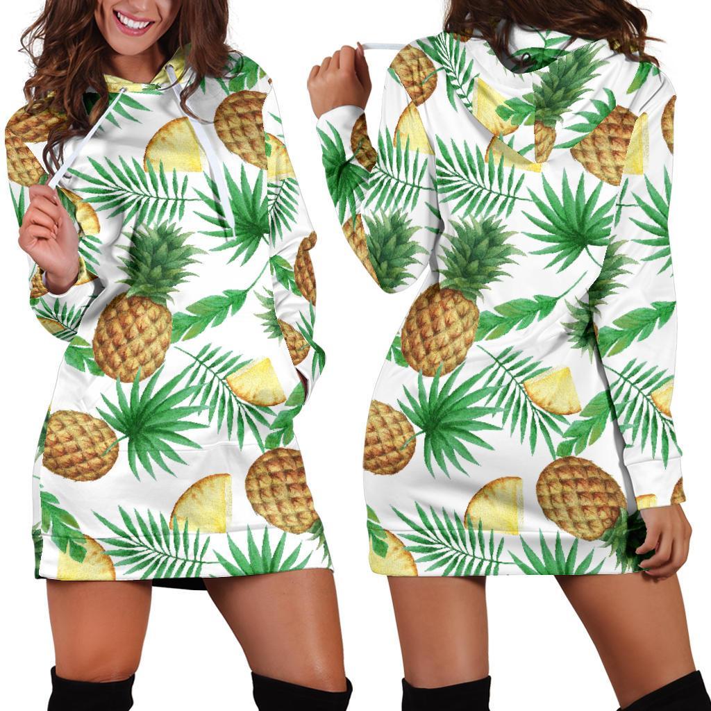 White Watercolor Pineapple Pattern Print Hoodie Dress GearFrost