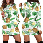 White Watercolor Pineapple Pattern Print Hoodie Dress GearFrost