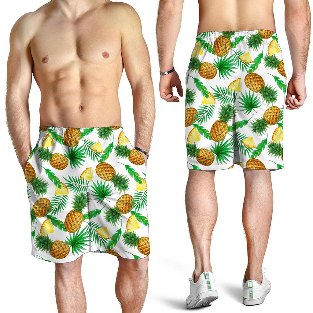 White Watercolor Pineapple Pattern Print Men's Shorts
