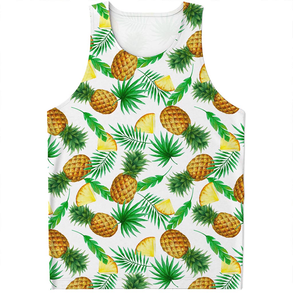 White Watercolor Pineapple Pattern Print Men's Tank Top