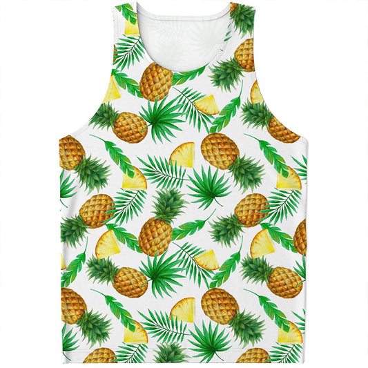 White Watercolor Pineapple Pattern Print Men's Tank Top