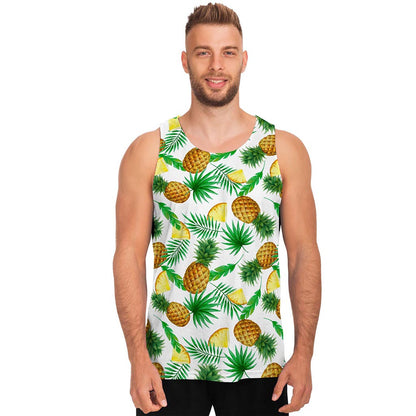 White Watercolor Pineapple Pattern Print Men's Tank Top