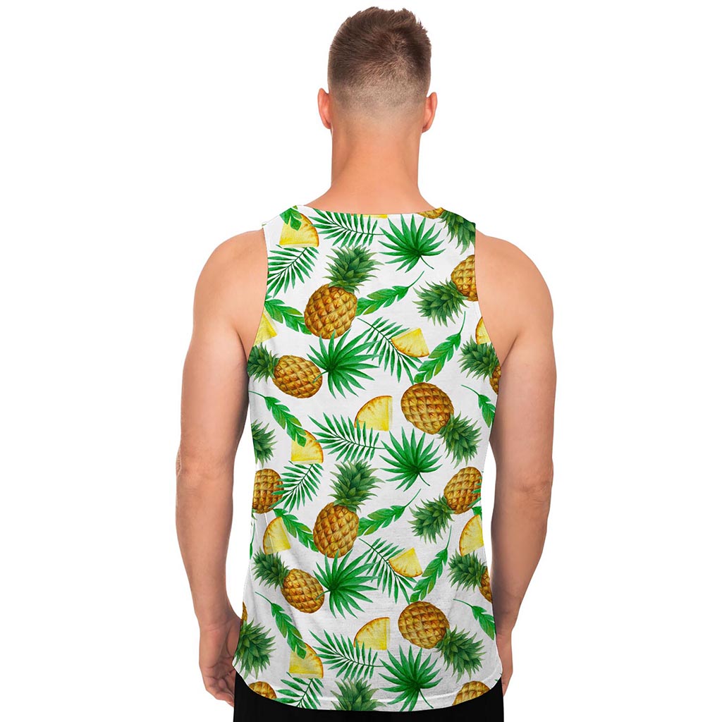 White Watercolor Pineapple Pattern Print Men's Tank Top