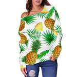 White Watercolor Pineapple Pattern Print Off Shoulder Sweatshirt GearFrost