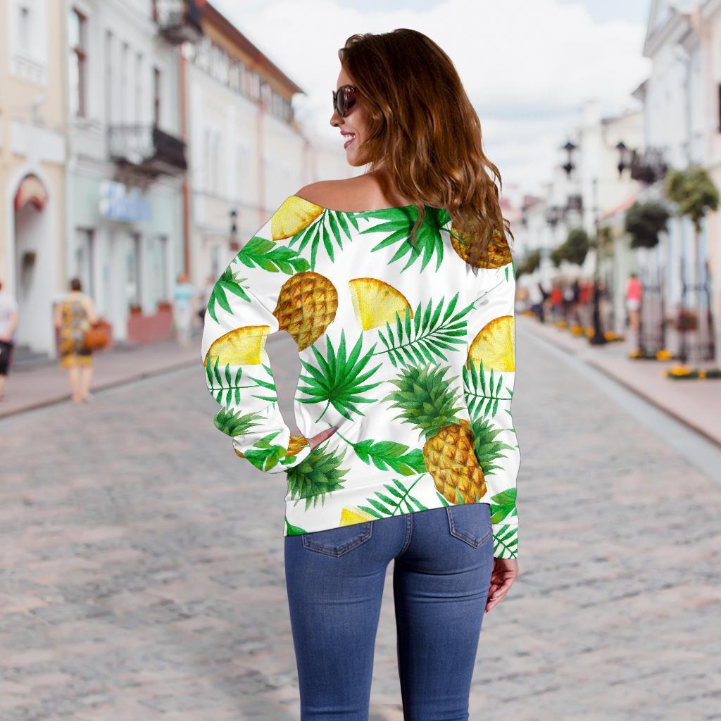 White Watercolor Pineapple Pattern Print Off Shoulder Sweatshirt GearFrost