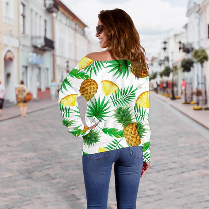 White Watercolor Pineapple Pattern Print Off Shoulder Sweatshirt GearFrost