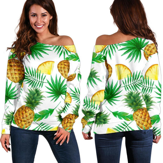 White Watercolor Pineapple Pattern Print Off Shoulder Sweatshirt GearFrost