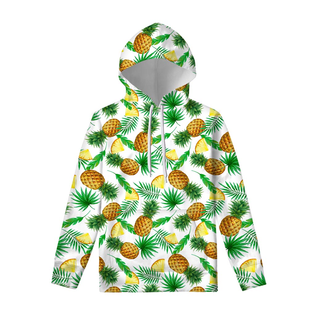 White Watercolor Pineapple Pattern Print Pullover Hoodie