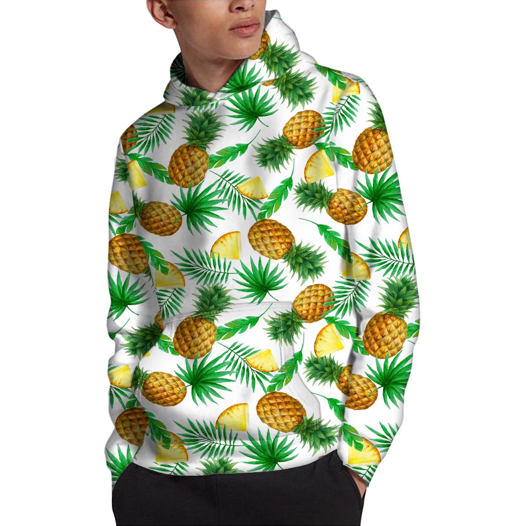 White Watercolor Pineapple Pattern Print Pullover Hoodie