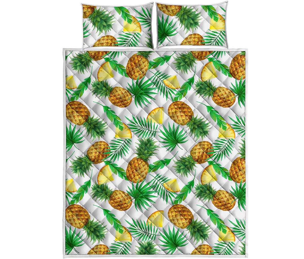 White Watercolor Pineapple Pattern Print Quilt Bed Set