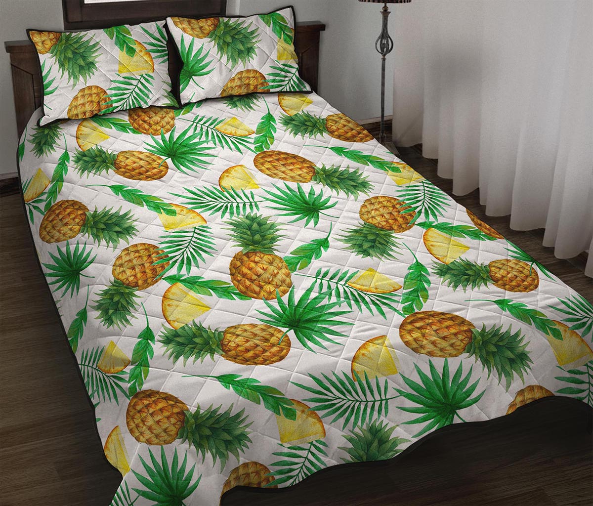 White Watercolor Pineapple Pattern Print Quilt Bed Set