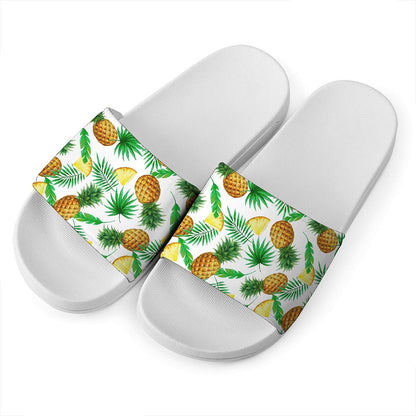 White Watercolor Pineapple Pattern Print White Slide Sandals