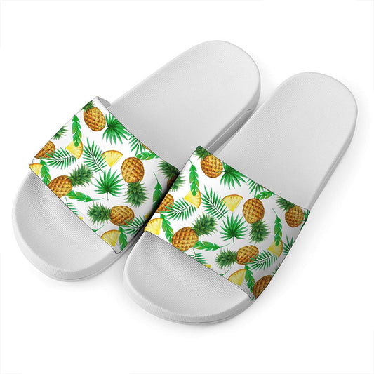 White Watercolor Pineapple Pattern Print White Slide Sandals