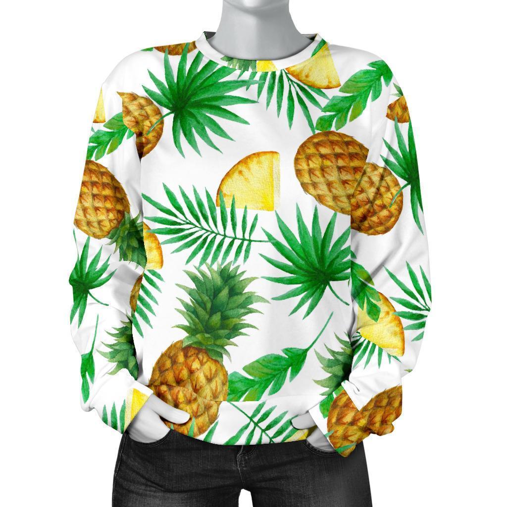 White Watercolor Pineapple Pattern Print Women's Crewneck Sweatshirt GearFrost