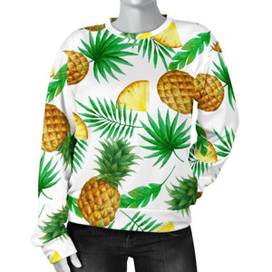 White Watercolor Pineapple Pattern Print Women's Crewneck Sweatshirt GearFrost