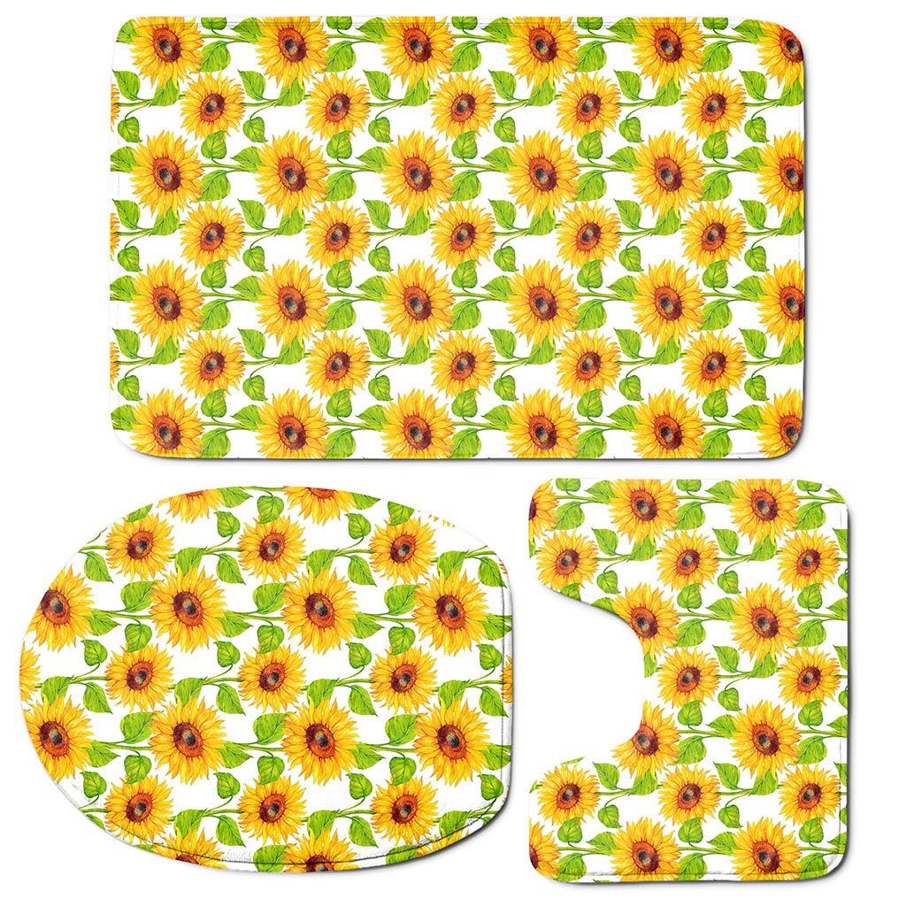 White Watercolor Sunflower Pattern Print 3 Piece Bath Mat Set