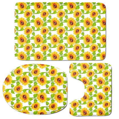 White Watercolor Sunflower Pattern Print 3 Piece Bath Mat Set