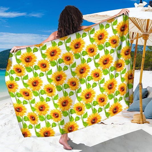 White Watercolor Sunflower Pattern Print Beach Sarong Wrap