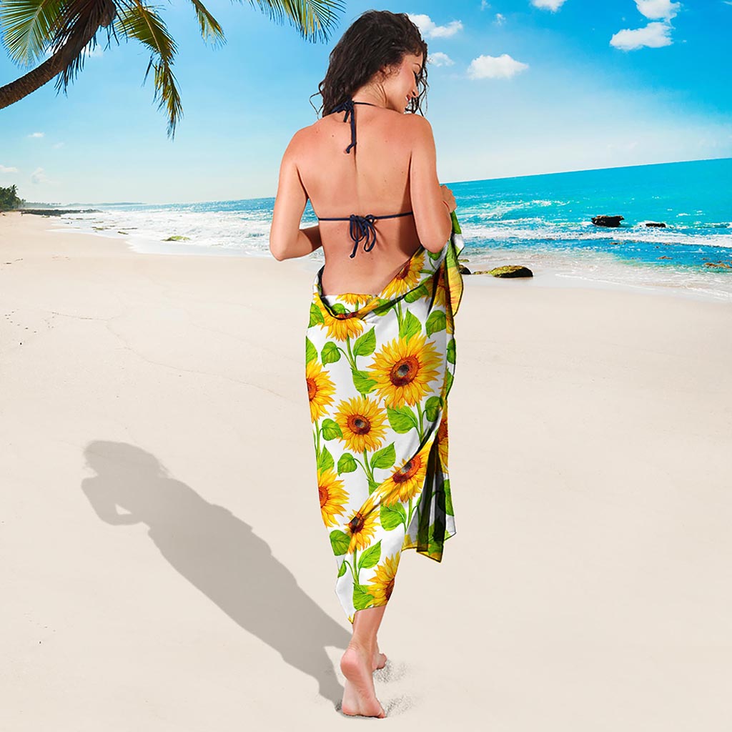 White Watercolor Sunflower Pattern Print Beach Sarong Wrap