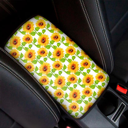 White Watercolor Sunflower Pattern Print Car Center Console Cover