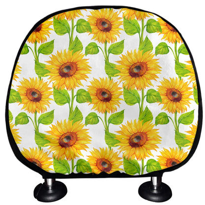 White Watercolor Sunflower Pattern Print Car Headrest Covers