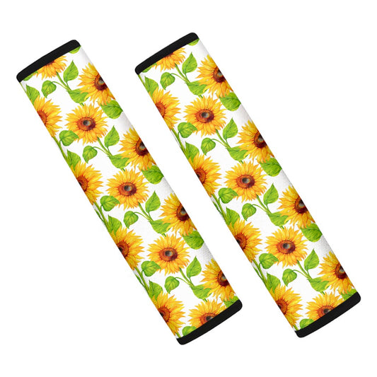 White Watercolor Sunflower Pattern Print Car Seat Belt Covers