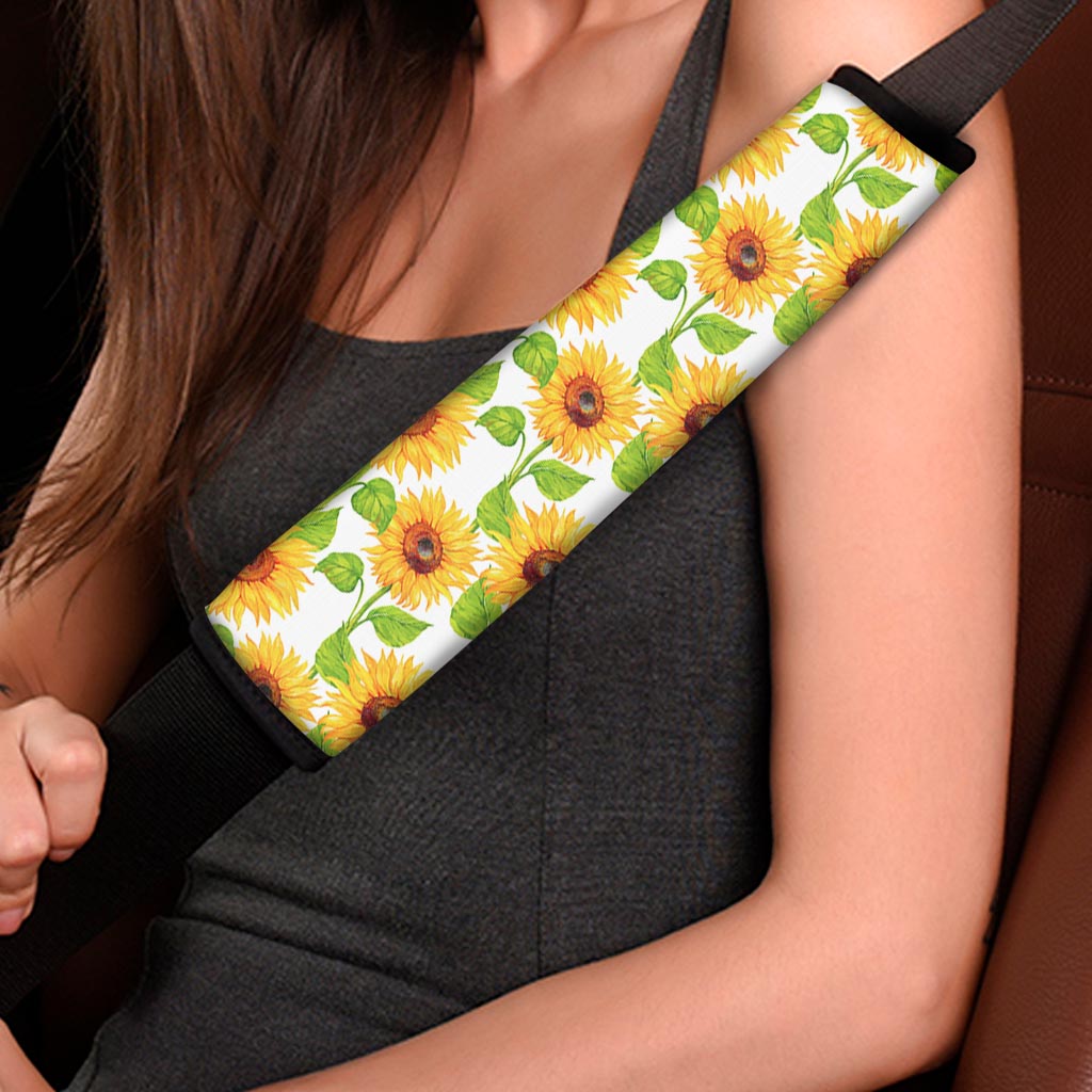 White Watercolor Sunflower Pattern Print Car Seat Belt Covers