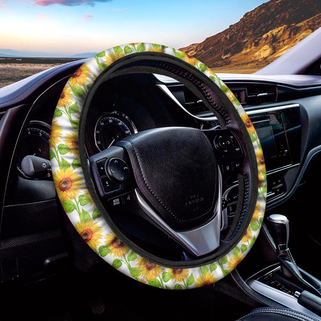 White Watercolor Sunflower Pattern Print Car Steering Wheel Cover