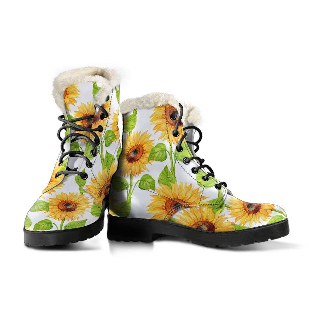 White Watercolor Sunflower Pattern Print Comfy Boots GearFrost