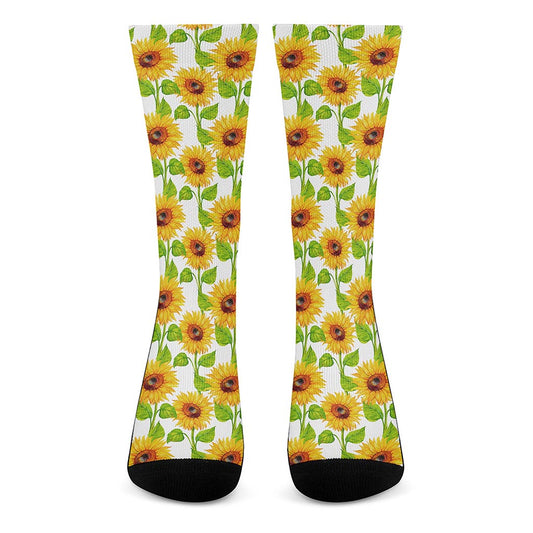 White Watercolor Sunflower Pattern Print Crew Socks