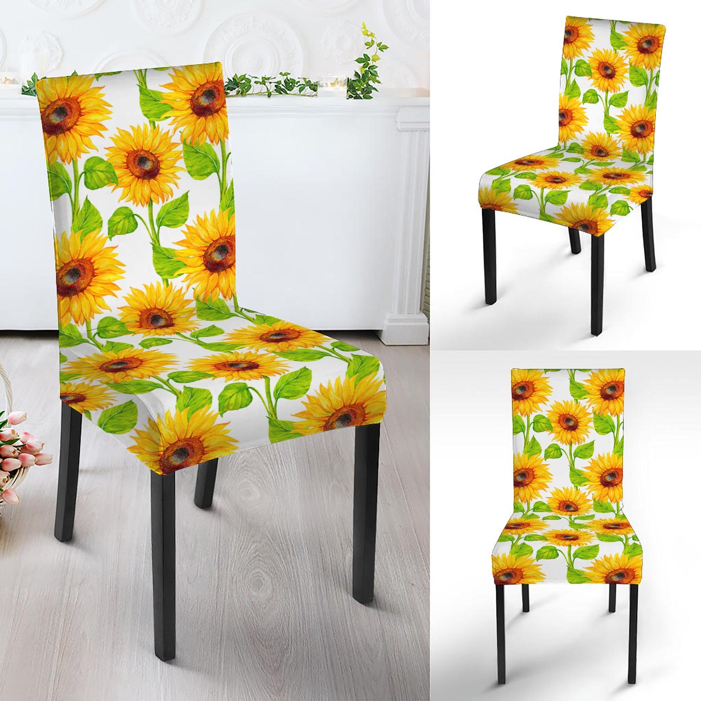 White Watercolor Sunflower Pattern Print Dining Chair Slipcover