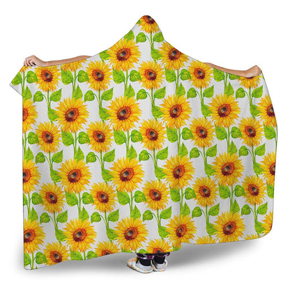 White Watercolor Sunflower Pattern Print Hooded Blanket
