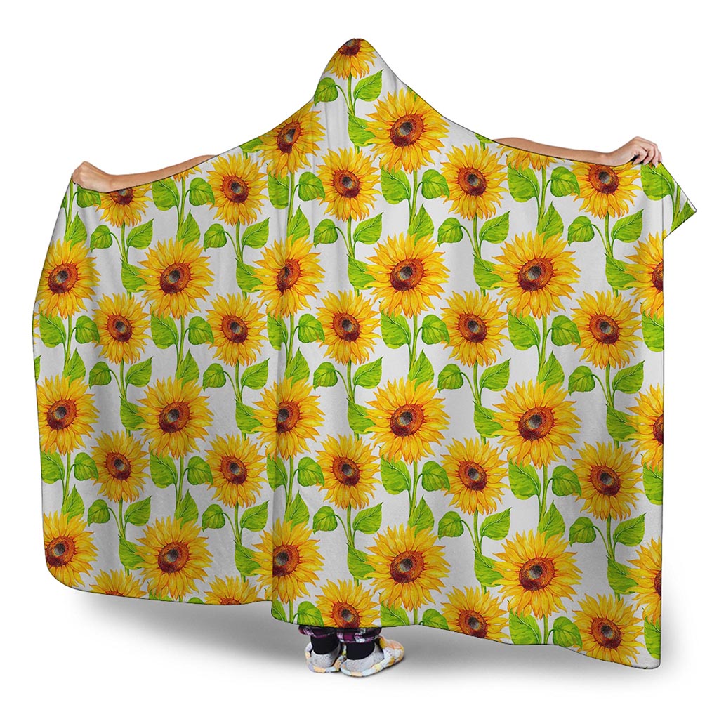 White Watercolor Sunflower Pattern Print Hooded Blanket