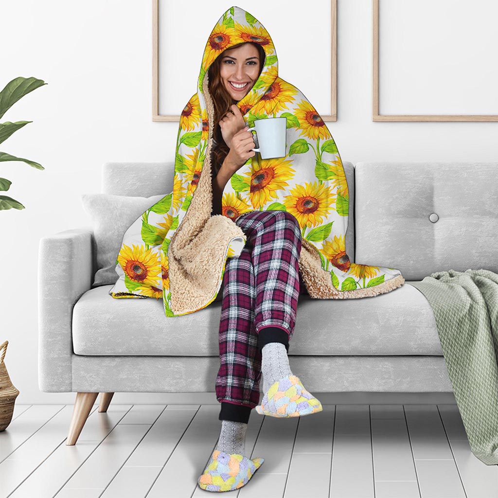 White Watercolor Sunflower Pattern Print Hooded Blanket