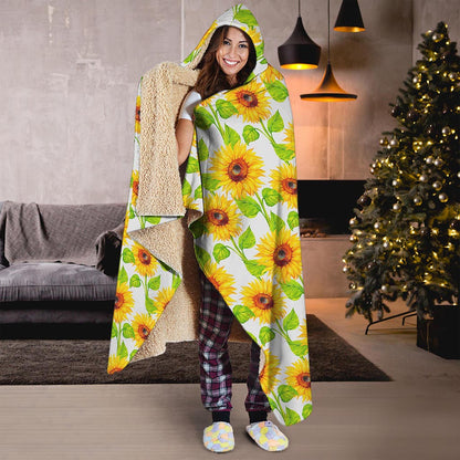 White Watercolor Sunflower Pattern Print Hooded Blanket