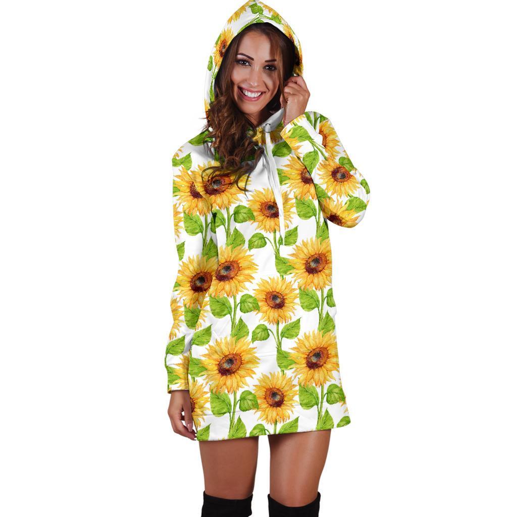 White Watercolor Sunflower Pattern Print Hoodie Dress GearFrost