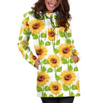 White Watercolor Sunflower Pattern Print Hoodie Dress GearFrost