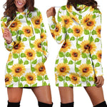 White Watercolor Sunflower Pattern Print Hoodie Dress GearFrost