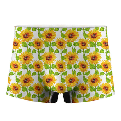 White Watercolor Sunflower Pattern Print Men's Boxer Briefs