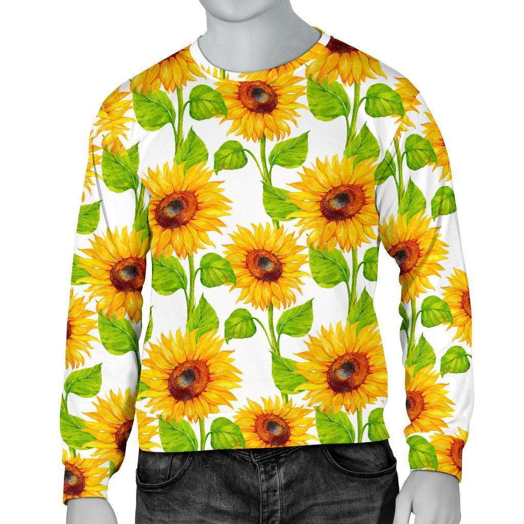 White Watercolor Sunflower Pattern Print Men's Crewneck Sweatshirt GearFrost